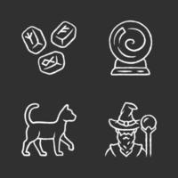 Magic chalk icons set. Runestones, fortune telling crystal ball, witch cat, wizard. Witchcraft and sorcery halloween symbols. Isolated vector chalkboard illustrations