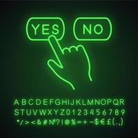 Yes or no click neon light icon. Accept and decline buttons. Hand pressing button. Glowing sign with alphabet, numbers and symbols. Vector isolated illustration