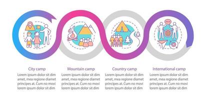 Travelling, nature camps vector infographic template. Business presentation design elements. Data visualization with four steps and options. Process timeline chart. Workflow layout with linear icons