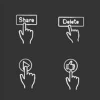 App buttons chalk icons set. Click. Share, delete, play, like. Isolated vector chalkboard illustrations