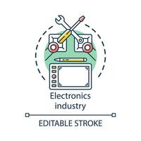 Electronics industry concept icon. Technical service. Production and repair automation. Robot hands tablet idea thin line illustration. Vector isolated outline drawing. Editable stroke