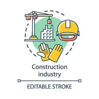 Construction industry concept icon. Building sector. Crane, house, hard hat, work gloves. Real estate engineering idea thin line illustration. Vector isolated outline drawing. Editable stroke