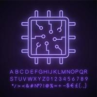 Chip neon light icon. Processor. Central processing unit. Artificial intelligence. Glowing sign with alphabet, numbers and symbols. Vector isolated illustration