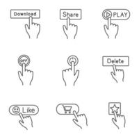 App buttons linear icons set. Click. Download, share, play, turn off, power, delete, like, buy, add to favorite. Thin line contour symbols. Isolated vector outline illustrations. Editable stroke