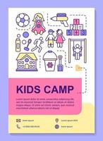 Kids, kindergartener summer camp brochure template layout. Flyer, booklet, leaflet print design with linear illustrations. Vector page layouts for magazines, annual reports, advertising posters