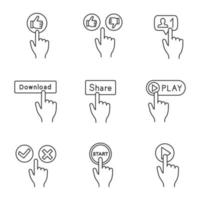 App buttons linear icons set. Like, thumbs up and down, follower, load, share, play, accept or decline, start, play. Thin line contour symbols. Isolated vector outline illustrations. Editable stroke