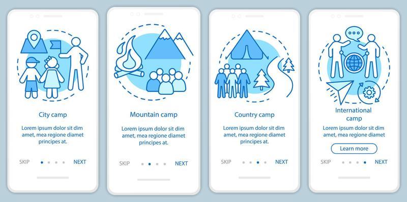 Travelling, nature camps onboarding mobile app page screen with linear concepts. Camping vacation, trip walkthrough steps graphic instructions. UX, UI, GUI vector template with illustrations