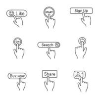 App buttons linear icons set. Click. Like, start, sign up, turn on, search, power, buy, share, new follower. Thin line contour symbols. Isolated vector outline illustrations. Editable stroke