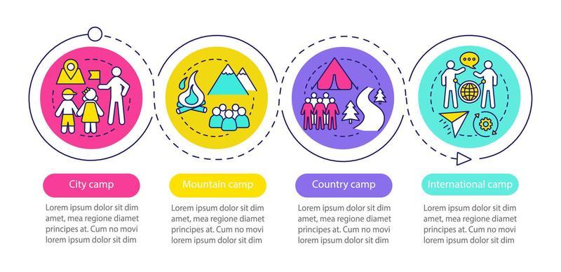 Nature, abroad camps vector infographic template. Business presentation design elements. Data visualization with four steps and options. Process timeline chart. Workflow layout with linear icons