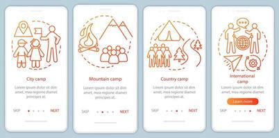 Travelling, nature camps onboarding mobile app page screen vector template.Camping vacation, trip. Walkthrough website steps with linear illustrations. UX, UI, GUI smartphone interface concept