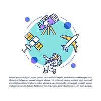 Aerospace industry article page vector template. Space aviation. Brochure, magazine, booklet design element with linear icons and text boxes. Print design. Concept illustrations with text space