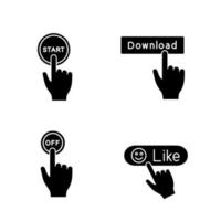 App buttons glyph icons set. Click. Start, download, turn off, like. Silhouette symbols. Vector isolated illustration