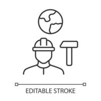 Job for immigrants linear icon. Migrant, refugee employment. Finding work abroad. Hard hat worker, handyman. Thin line illustration. Contour symbol. Vector isolated outline drawing. Editable stroke