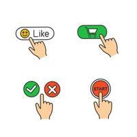 App buttons color icons set. Click. Like, buy, accept and decline, start. Isolated vector illustrations