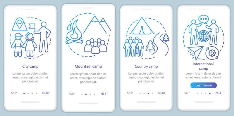 Travelling, nature camps onboarding mobile app page screen vector template.Camping vacation, trip. Walkthrough website steps with linear illustrations. UX, UI, GUI smartphone interface concept
