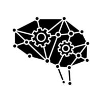 Deep learning AI glyph icon. Silhouette symbol. Neurotechnology. Neural network with cogwheels. Digital brain. Artificial intelligence.. Negative space. Vector isolated illustration