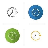 Update icon. Clockwise. Clock with circle arrow. Flat design, linear and color styles. Isolated vector illustrations