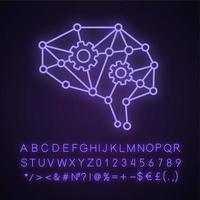 Deep learning AI neon light icon. Neurotechnology. Neural network with cogwheels. Digital brain. Artificial intelligence. Glowing sign with alphabet, numbers and symbols. Vector isolated illustration