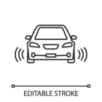 Smart car in front view linear icon. NFC auto with radar sensors. Thin line illustration. Self driving automobile. Autonomous car. Driverless vehicle. Vector isolated outline drawing. Editable stroke