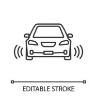 Smart car in front view linear icon. NFC auto with radar sensors. Thin line illustration. Self driving automobile. Autonomous car. Driverless vehicle. Vector isolated outline drawing. Editable stroke