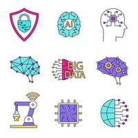 Artificial intelligence color icons set. Neurotechnology. Cybersecurity, ai, digital brain, neural network, big data, iot robot, internet of things, chip. Isolated vector illustrations