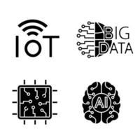 conjunto de iconos de glifo de inteligencia artificial. símbolos de silueta. red neuronal neurotecnología. internet de las cosas, big data, chip, ai. ilustración vectorial aislada vector