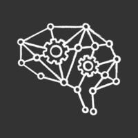 Deep learning AI chalk icon. Neurotechnology. Neural network with cogwheels. Digital brain. Artificial intelligence. Isolated vector illustration