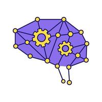 Deep learning AI color icon. Neurotechnology. Neural network with cogwheels. Digital brain. Artificial intelligence. Isolated vector illustration