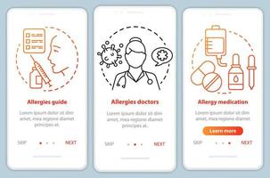 ayuda médica para alergias incorporación de plantilla de vector de pantalla de página de aplicación móvil. guía de alergias, médicos, medicación. paso a paso del sitio web con ilustraciones. ux, ui, concepto de interfaz de teléfono inteligente gui