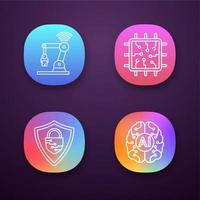 Artificial intelligence app icons set. UIUX user interface. AI. IoT robot, chip, cybersecurity, digital brain. Web or mobile applications. Vector isolated illustrations