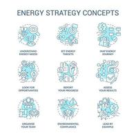 Energy strategy turquoise concept icons set. Managing energy consumption idea thin line color illustrations. Isolated symbols. Editable stroke. vector