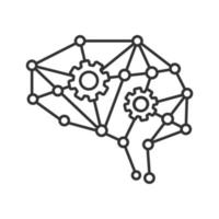 Deep learning AI linear icon. Neural network with cogwheels. Thin line illustration. Digital brain. Artificial intelligence. Contour symbol. Vector isolated outline drawing. Editable stroke