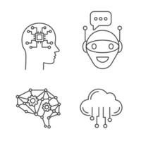 Artificial intelligence linear icons set. Thin line contour symbols. Neural network Neurotechnology. Chat bot, AI, digital brain, cloud computing. Isolated vector outline illustration. Editable stroke