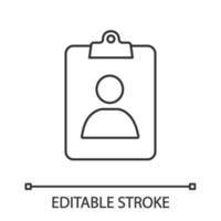 Assignment Ind linear icon. CV. Thin line illustration. User information. Profile. Patient card. Contour symbol. Vector isolated outline drawing. Editable stroke