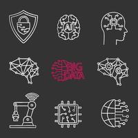 conjunto de iconos de tiza de inteligencia artificial. neurotecnología. ciberseguridad, ai, cerebro digital, red neuronal, big data, robot iot, internet de las cosas, chip. Ilustraciones de vector pizarra