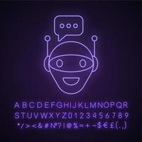 Chat bot neon light icon. Robot. Virtual assistant. Artificial intelligence. Glowing sign with alphabet, numbers and symbols. Vector isolated illustration