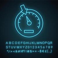 Speedometer neon light icon. Dashboard. Car instrument panel. Glowing sign with alphabet, numbers and symbols. Vector isolated illustration