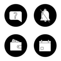 UIUX glyph icons set. Live chat, notifications off, payment, calendar. Vector white silhouettes illustrations in black circles