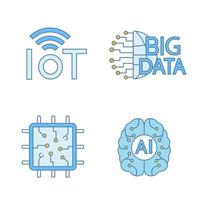 Artificial intelligence color icons set. Neural network. Neurotechnology. Internet of things, big data, chip, ai. Isolated vector illustrations