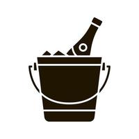 Champagne bucket glyph icon. Alcoholic beverage. Wine bottle in bucket with ice. Silhouette symbol. Negative space. Vector isolated illustration