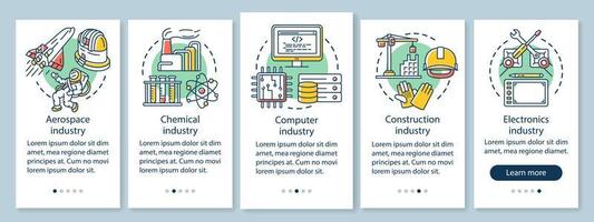 pantalla de la página de la aplicación móvil de incorporación del sector secundario de la economía con conceptos lineales. industria avanzada. instrucciones gráficas de cinco pasos de recorrido. ux, ui, plantilla vectorial gui con ilustraciones vector