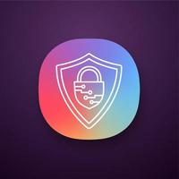 Cybersecurity app icon. UIUX user interface. Safeguard. Shield with closed padlock inside. Artificial intelligence. Web or mobile application. Vector isolated illustration