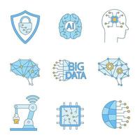 Artificial intelligence color icons set. Neurotechnology. Cybersecurity, ai, digital brain, neural network, big data, iot robot, internet of things, chip. Isolated vector illustrations