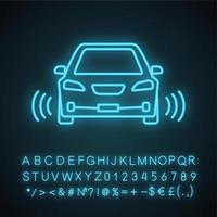 Smart car in front view neon light icon. NFC auto with radar sensors. Glowing sign with alphabet, numbers and symbols. Self driving automobile. Autonomous car. Vector isolated illustration
