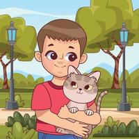 boy lifting cat in the park vector
