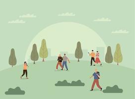 six persons walking landscape vector