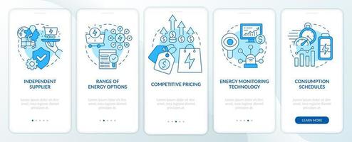 Energy strategy key components blue onboarding mobile app screen. Walkthrough 5 steps graphic instructions pages with linear concepts. UI, UX, GUI template. vector