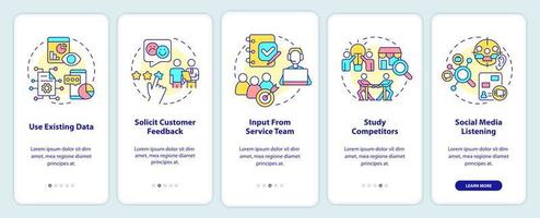 Identifying customer needs onboarding mobile app screen. Walkthrough 5 steps graphic instructions pages with linear concepts. UI, UX, GUI template. vector
