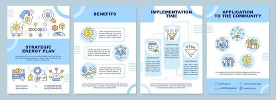 Strategic energy plan blue brochure template. Implementation time. Leaflet design with linear icons. 4 vector layouts for presentation, annual reports.