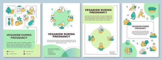 Veganism during pregnancy green brochure template. Balanced nutrition. Leaflet design with linear icons. 4 vector layouts for presentation, annual reports.